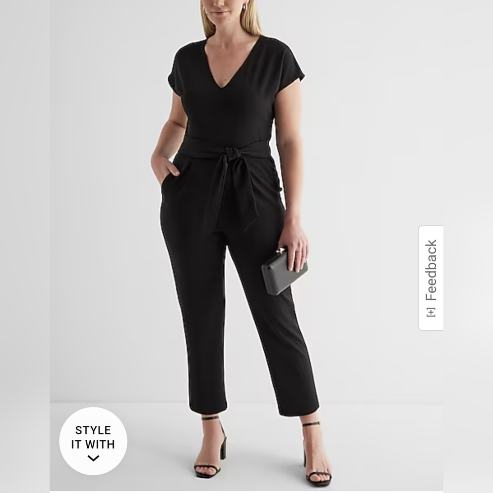 Express V-Neck Tie Waist Straight Leg Jumpsuit Polyester & Spandex Black Size M